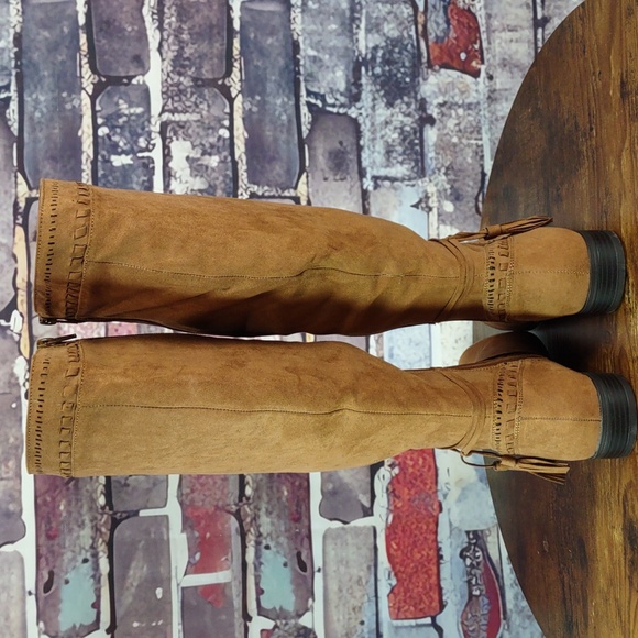 Just Fab "Walk The Line" Cognac Faux Suede Boots - Picture 7 of 14